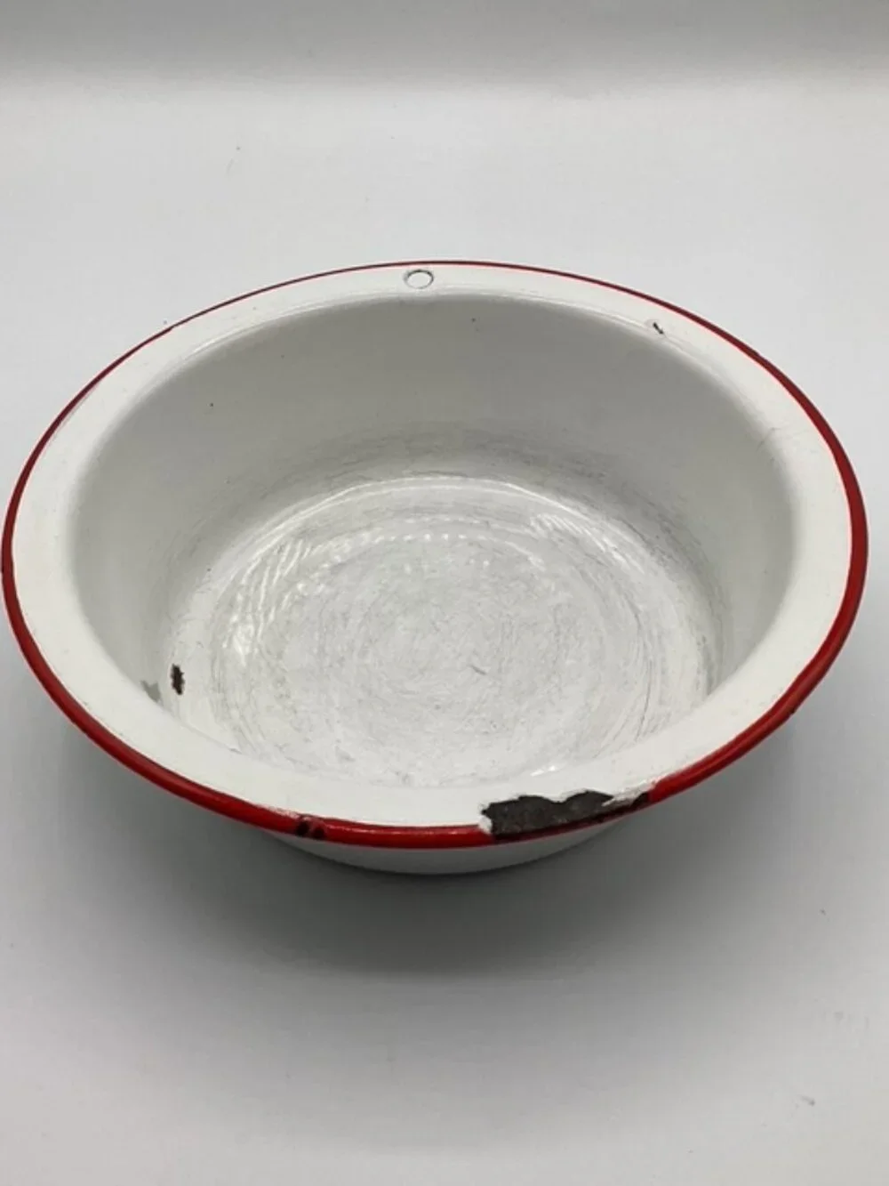 Vintage Enamelware Bowl‎ White with Red Trim 7
